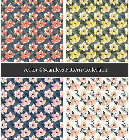 Vector hand-drawn Anemone flower illustration motif seamless repeat pattern 4 color collection set fashion or home decor print fabric textileのイラスト素材