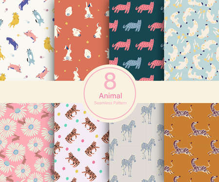Vector Animal theme illustration 8 kinds repeat pattern collection set cat, rabbit, bird, zebra, tiger kitchen and home decor print fashion fabric textile digital artwork templateのイラスト素材