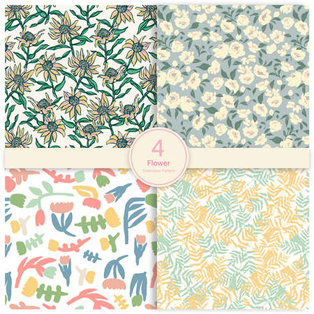 Vector contemporary hand-drawn flower illustration seamless repeat pattern collection set bundle fashion fabric home decor print textile digital artworkのイラスト素材