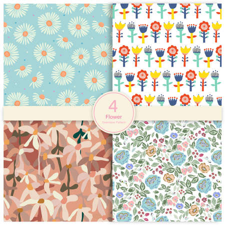 Vector contemporary hand-drawn flower illustration seamless repeat pattern collection set bundle fashion fabric home decor print textile digital artworkのイラスト素材
