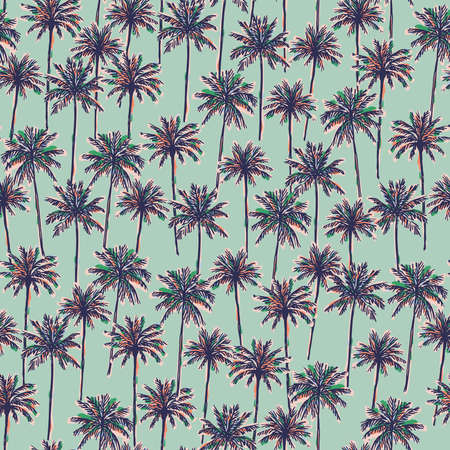 Vector hand-drawn retro color palm tree illustration seamless repeat pattern fashion fabric home...