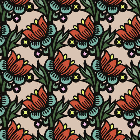 Vector bold outline retro flower illustration seamless repeat pattern fashion and home kitchen print...