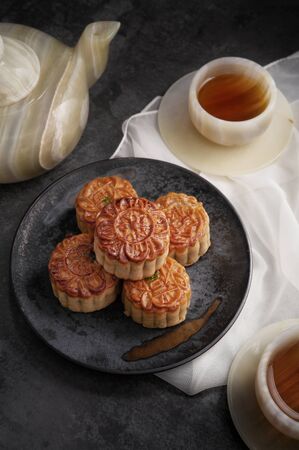 Festival mooncake with tea for the Chineseの写真素材