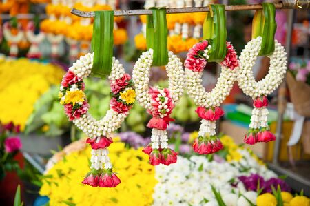 Fresh jasmine garland on street flowers market in Thailand