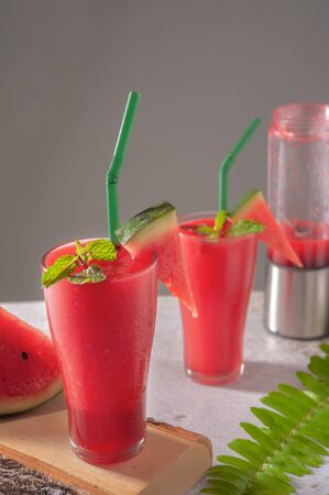 Watermelon smoothie on a wooden. Beverage fruitの写真素材