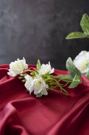 Bouquet of white plastic flower on red texture background.の写真素材