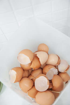 Eggshell broken in white waste bin.の写真素材