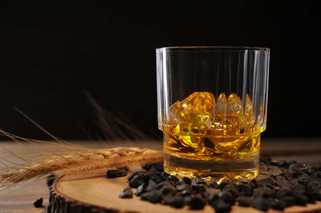 Glass of scotch whisky in ice with the dark background.の写真素材