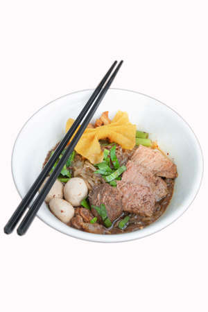 Noodles soup with beef isolated White Backgroundの写真素材