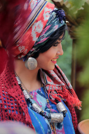 Portrait of a young woman in traditional costume from the south of Russiaのeditorial素材