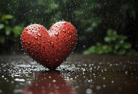 Red heart in the rain on a rainy day with drops of waterの素材