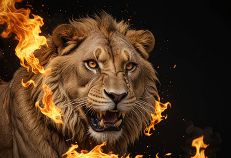 Portrait of a lion in a fire on a black background.の素材