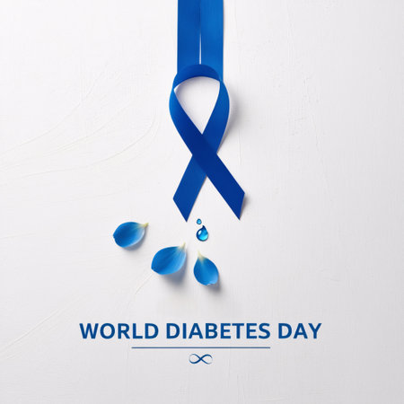 World diabetes day concept with blue ribbon and flower petals on white background.の素材