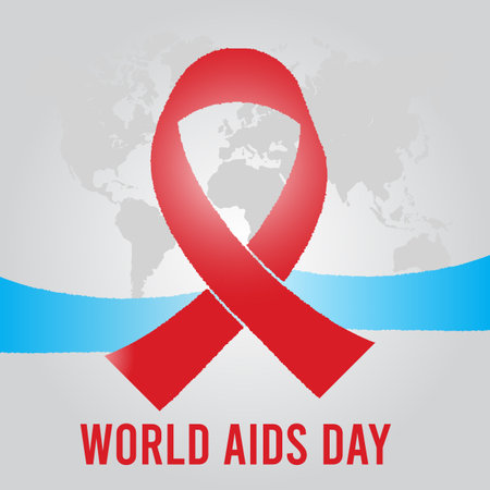 World Aids Day background with red ribbon and world map background. Vector illustration.