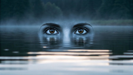Close up of the eyes of a woman in a foggy lakeの素材