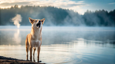 Portrait of a dog standing in the water on a foggy morning.の素材