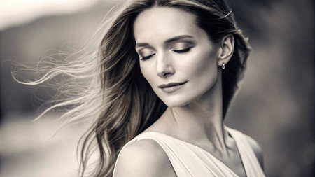 Portrait of a beautiful girl with long hair in a white dress.の素材