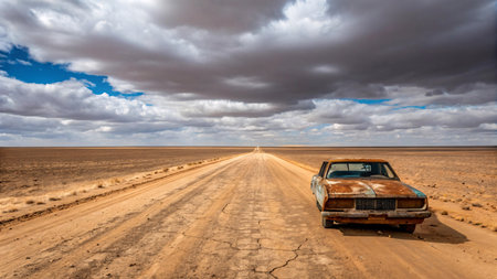 Old car in the middle of a desert road.の素材