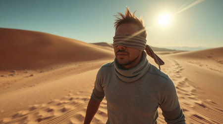 Handsome young man in the desert at sunset. Travel and adventure conceptの素材