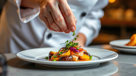 Chef decorating dish with fresh vegetables on white plate in restaurantの素材