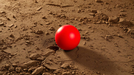 Red ball on the ground, 3d illustration, horizontal, copy spaceの素材
