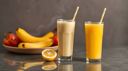 Banana smoothie in a glass on a gray background with fruits.の素材