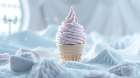 Cupcake with marshmallow on the background of a winter landscape.の素材