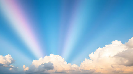 Blue sky with white clouds and rainbow sunbeams.の素材