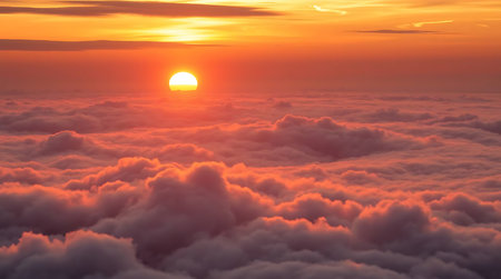 Sunset above the clouds. View from the airplane window. Beautiful nature background.の素材