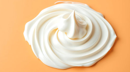 Whipped creamy cream on orange background, closeup of whipped cream.の素材