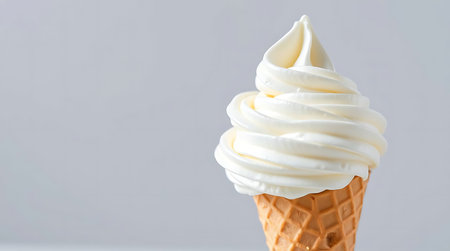 White soft serve ice cream in waffle cone on white background.の素材