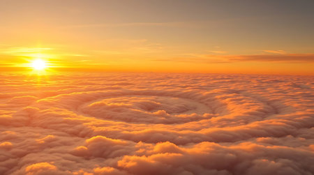 Beautiful aerial view above spiral clouds at sunset. Flying above clouds with sun. 3d illustrationの素材
