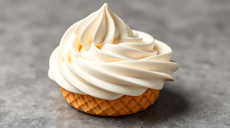 Vanilla ice cream in a waffle cone on a gray background.の素材