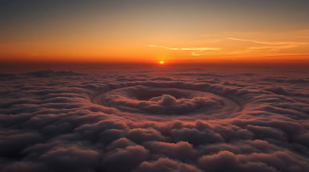 Beautiful sunset above the spiral clouds. Sunrise over the clouds view from above.の素材