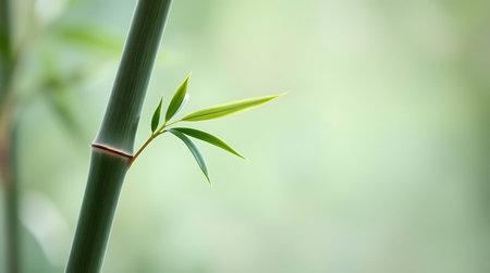 bamboo leaves on blurred green background with copy space for text.の素材