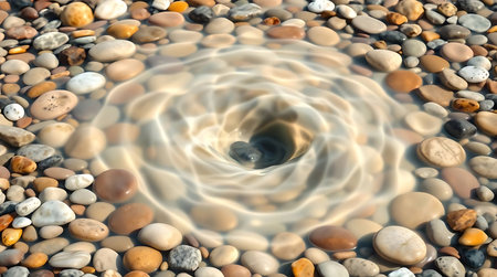 Colorful round pebbles and water whirlpool ripples abstract background.の素材