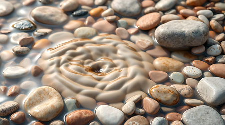 Pebbles in water with drops and whirlpool waves. 3d rendering.の素材