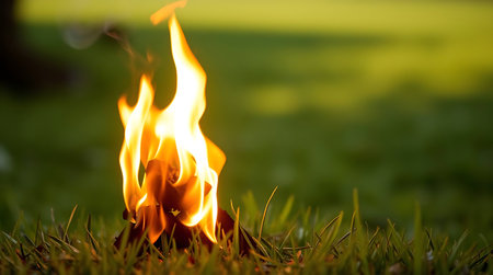 Burning fire in the grass with bokeh background, soft focusの素材