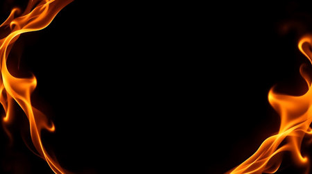 Fire flames isolated on black background with copy space for your text.の素材