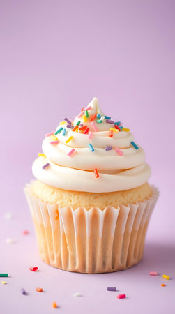 Cupcake with colorful sprinkles on violet background, closeup.の素材