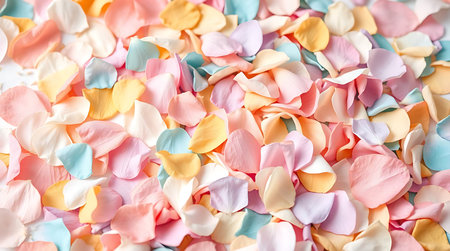 Colorful rose petals as background, top view. Space for textの素材