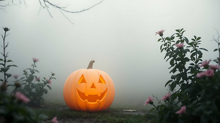 Halloween pumpkin in a foggy garden. 3d rendering.の素材