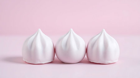 Three white meringues on a pink background, closeupの素材