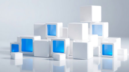3d rendering of white cubes with blue light in front of white background.の素材