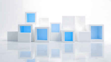 3d rendering of white cubes with blue accents shadow on white backgroundの素材