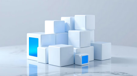 3d rendering of white cubes with blue accents on white background.の素材
