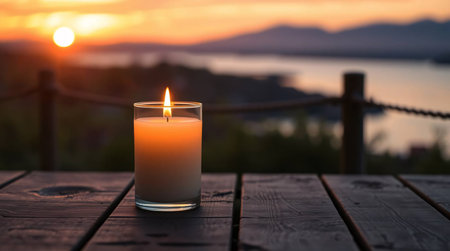 Candle on a wooden table against the backdrop of the setting sun.の素材