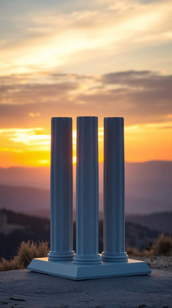 White pillars against the backdrop of a beautiful sunset in the mountains.の素材