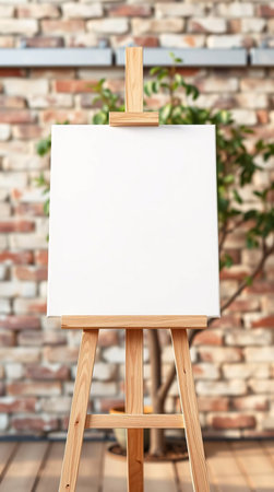 Easel with blank canvas on brick wall background. Mockup for designの素材
