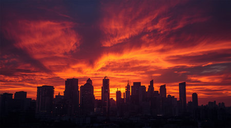 Dramatic sunset over the city with skyscrapers in the foreground.の素材